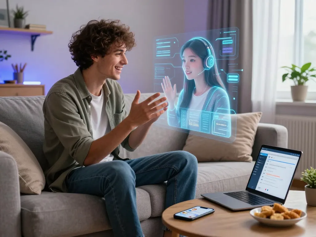 AI girlfriend hologram interaction showcasing a young man engaged in cozy chat.