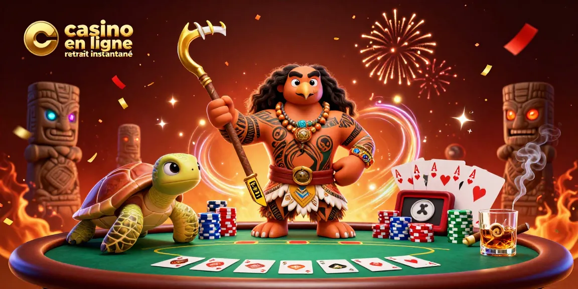 Découvrez une scène de casino en ligne retrait instantané avec un dieu polynésien et des éléments de poker.