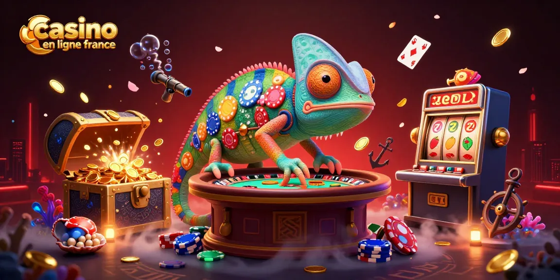 Casino en ligne France : Illustration d'une scène de casino animée avec un caméléon propriétaire et des éléments de jeux