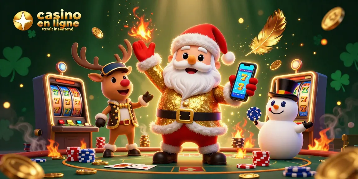 Illustration dynamique montrant le Père Noël et ses amis au casino en ligne retrait instantané