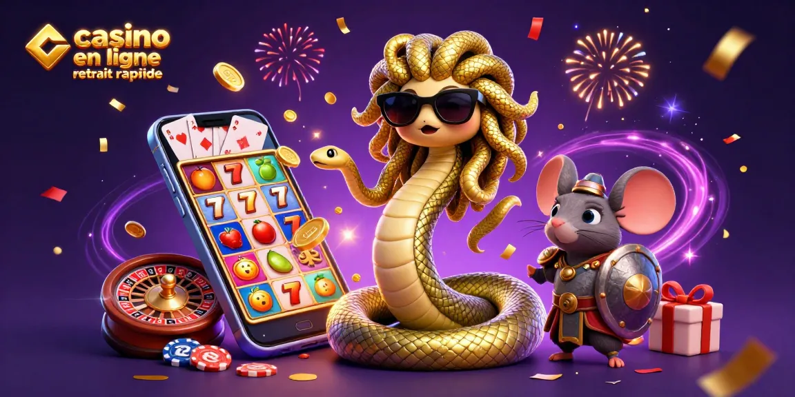 Illustration vibrant de casino en ligne retrait rapide avec Méduse et un guerrier souris, célébrant les gains.