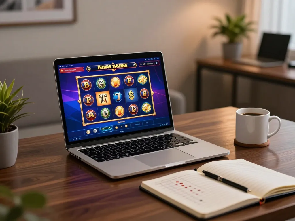 Playing slot online at home with modern laptop, coffee, and strategic notes.