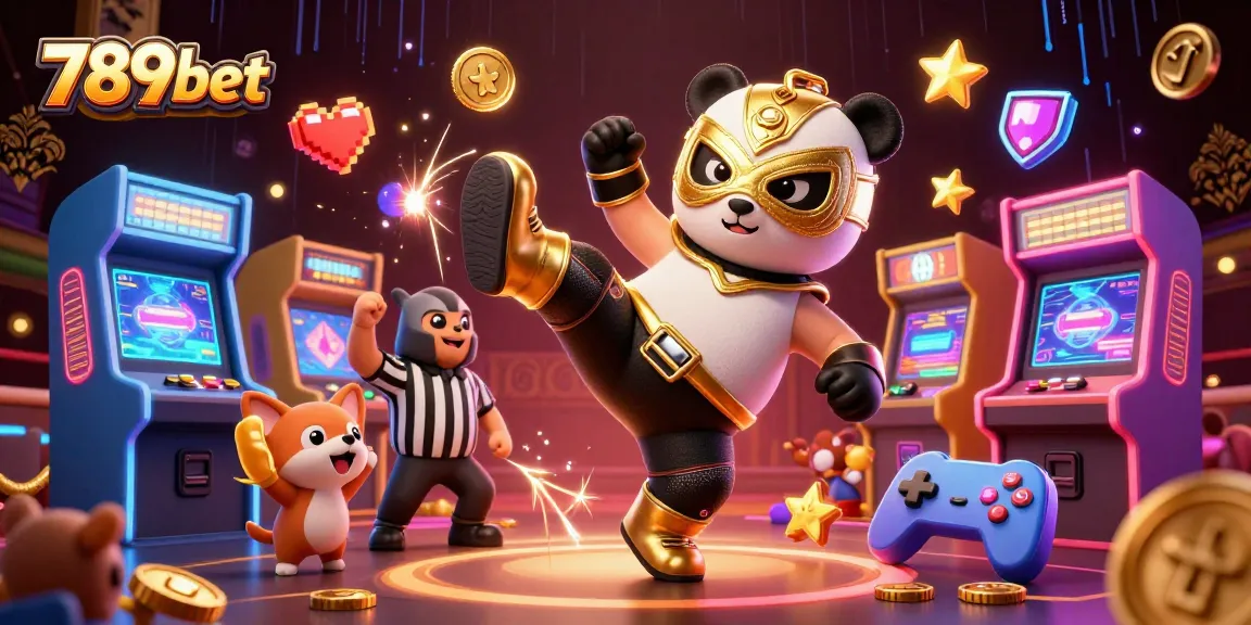Engage with the exciting world of 789bet as a panda wrestler kicks through a vibrant casino scene.