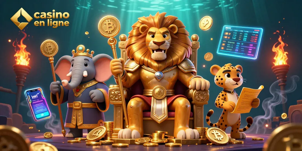 Explorez le monde du casino en ligne avec cette illustration captivante de roi lion, éléphant sage et guépard messager, entourés de cryptomonnaies.