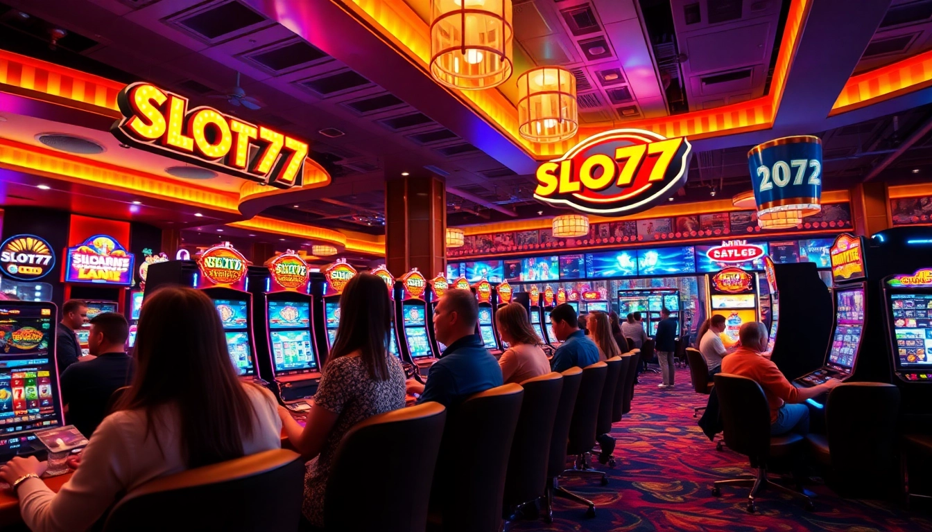 Slot77 menampilkan pemain yang menikmati berbagai mesin slot dengan suasana ceria.
