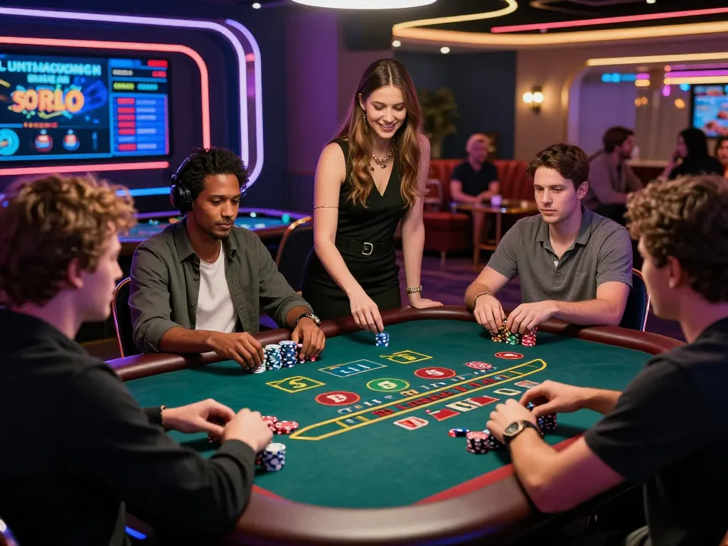 Exciting baccarat game scene in a vibrant online casino, showcasing diverse players and a charismatic dealer.