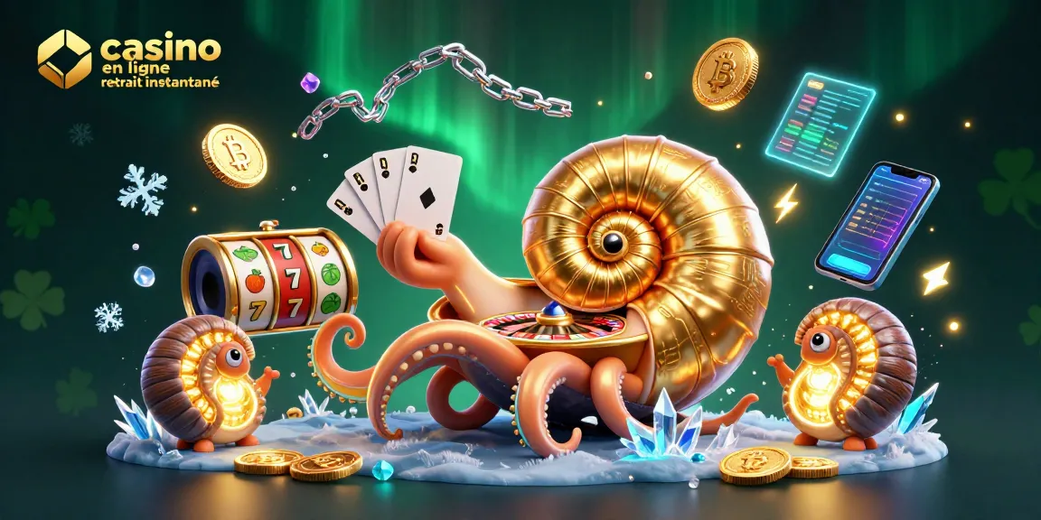 Profitez d'un casino en ligne retrait instantané avec un nautilus en 3D animé tenant des cartes et entouré d'éléments de jeu.
