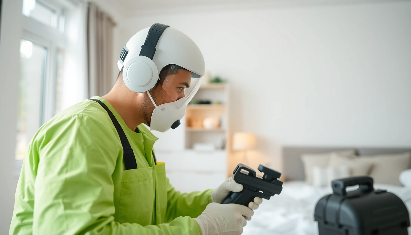 Bed bug extermination services performed by a professional technician in a modern home.