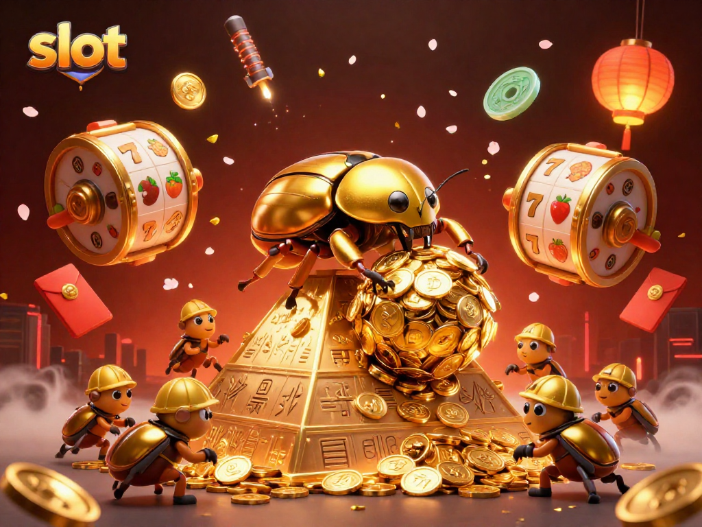 Engage with slot games featuring golden coins, colorful symbols, and festive elements in a dynamic casino scene.