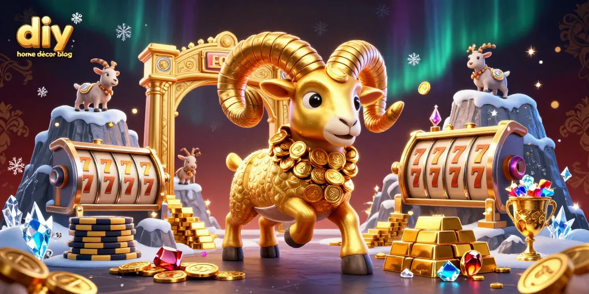 Engaging scene of a 3D cartoon massive golden ram charging at a golden gate in a vibrant casino setting, showcasing the diy home décor blog theme.