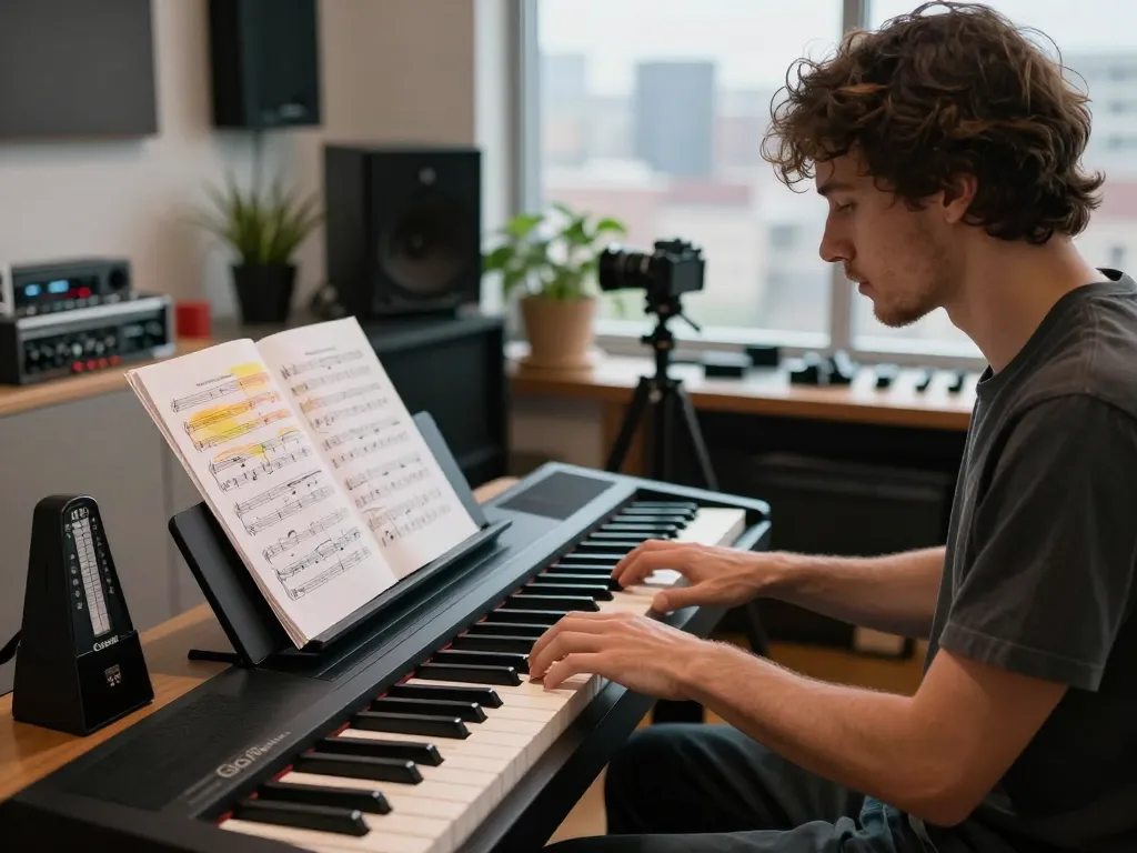 A musician enjoying the go 88 digital piano in a cozy home studio with music sheets and ambient lighting.