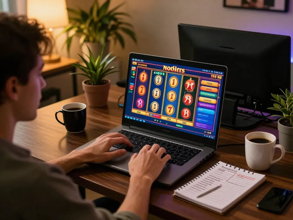 Nohu online slot games being played on a laptop in a cozy home setup, showcasing dynamic gameplay