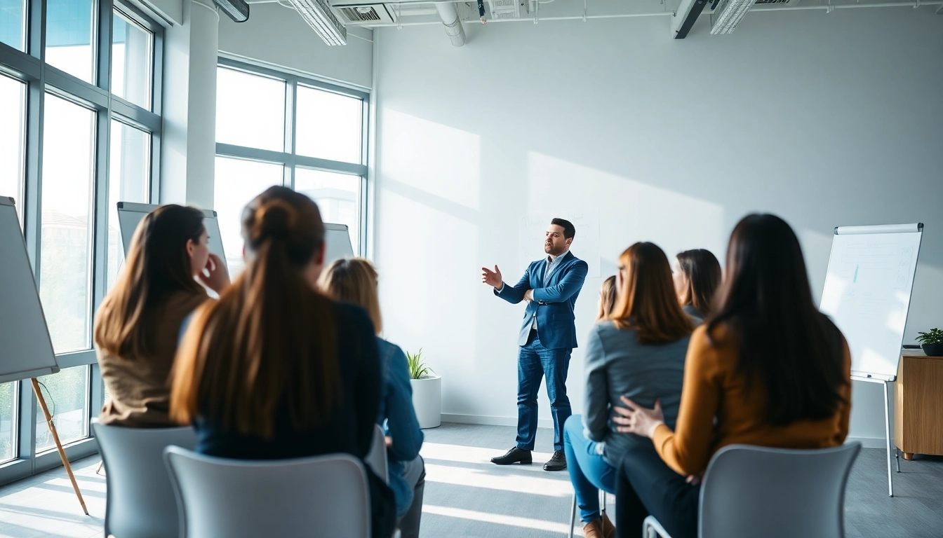 Leadership coach guiding a diverse team in a dynamic workshop setting.