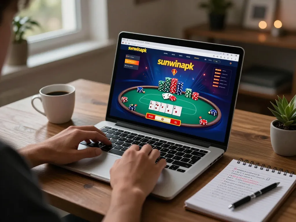 Player enjoying strategic gaming session on sunwinapk platform with vibrant poker action on laptop.