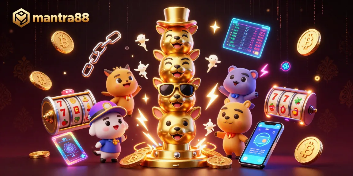 Experience winning action with mantra88 in a vibrant casino scene featuring a totem pole and crypto elements.