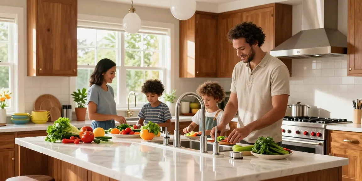 Family cooking in a bright kitchen featuring stylish kitchen faucets and fresh ingredients.