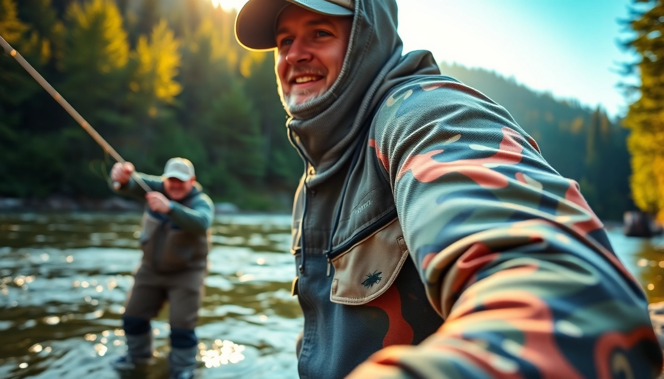 Fly fishing apparel showcased on an enthusiastic angler casting in a scenic river setting.