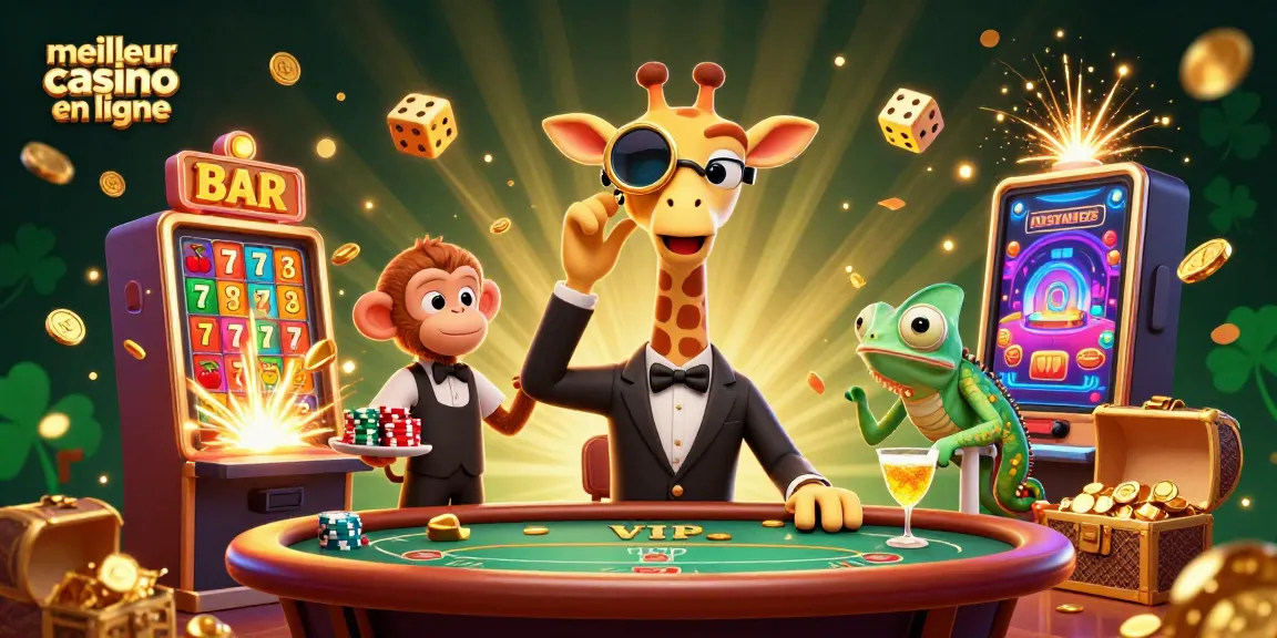 Visitez le meilleur casino en ligne avec cette illustration dynamique d'une girafe parieuse, un valet singe et un barman caméléon qui mélangent des cocktails en or.
