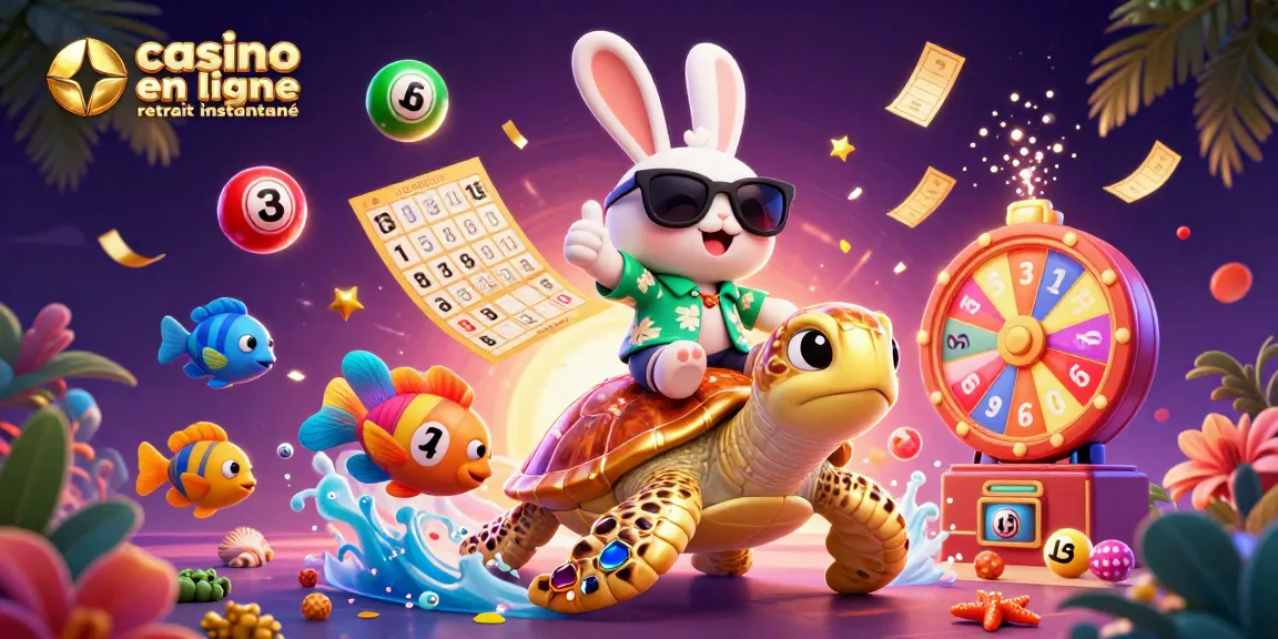 Casino en ligne retrait instantané : une illustration dynamique de jeux captivants avec un lapin chanceux et une tortue d'or.
