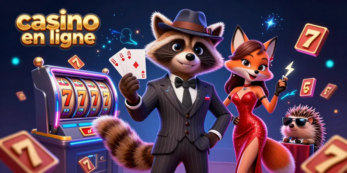Plongez dans l'univers du casino en ligne avec une illustration dynamique mettant en scène un raton laveur en costume, une renarde glamour et un hérisson garde