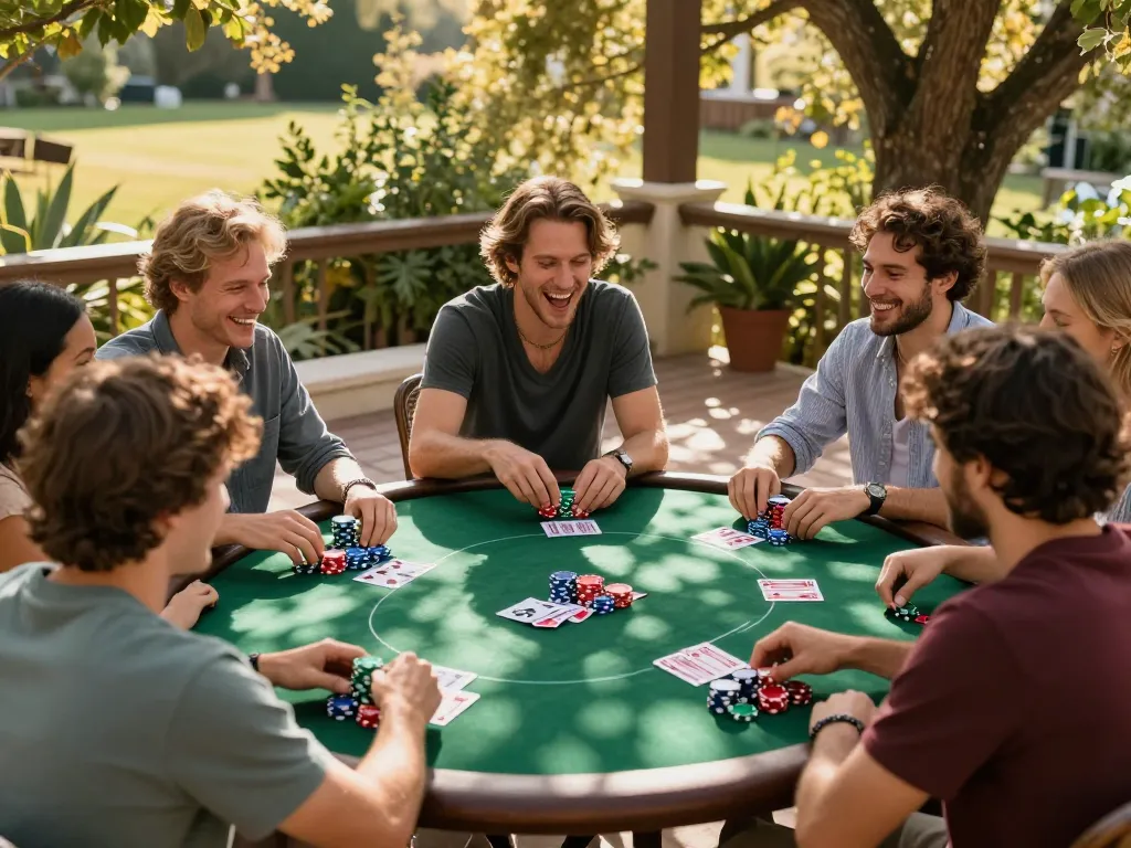 Friends enjoy vibrant outdoor poker game with jae888 branding, showcasing lively gameplay under the sun.