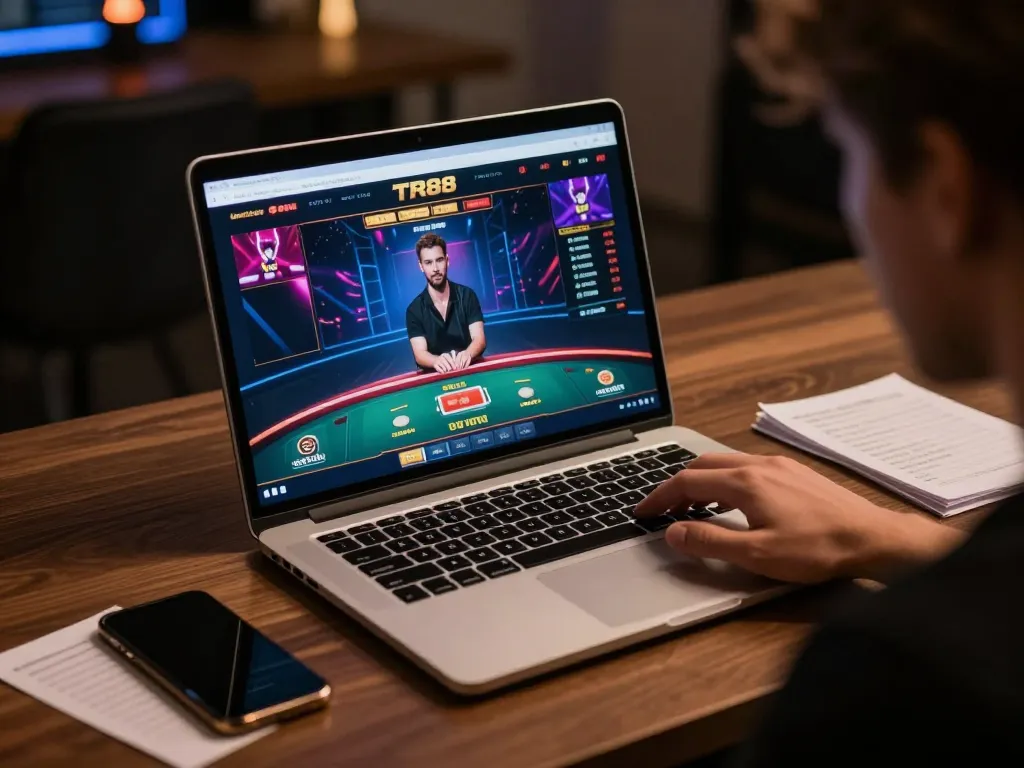 Engaging in strategic online gaming at TR88 with a laptop and smartphone setup.