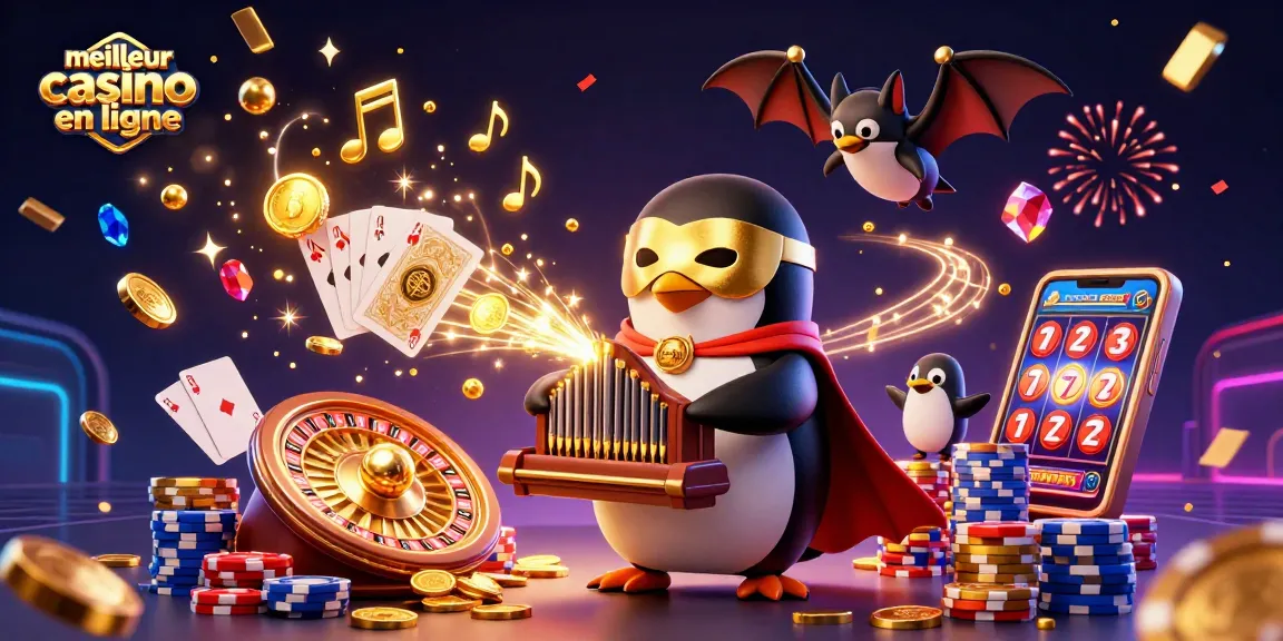 Actionnez le meilleur casino en ligne avec ce visuel captivant d'un pingouin fantôme et des éléments de jeu scintillants.