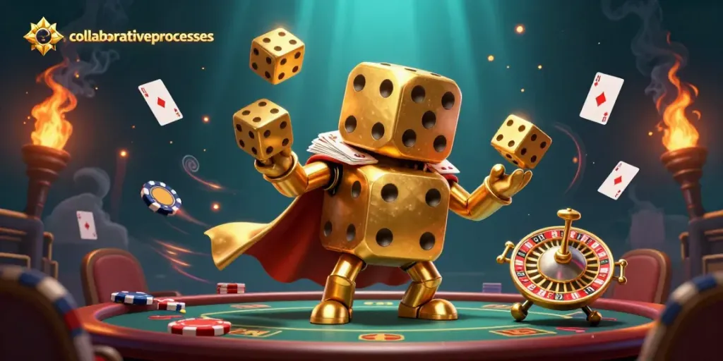 Engage in collaborativeprocesses with a dynamic scene of a golden dice golem juggling poker chips and cards.