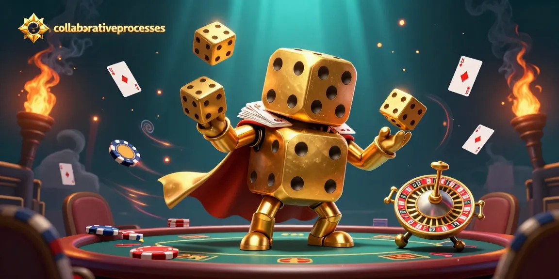 Engage in collaborativeprocesses with a dynamic scene of a golden dice golem juggling poker chips and cards.