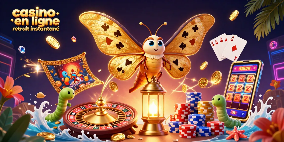 Illustration de casino en ligne retrait instantané avec un papillon et des éléments de jeu.