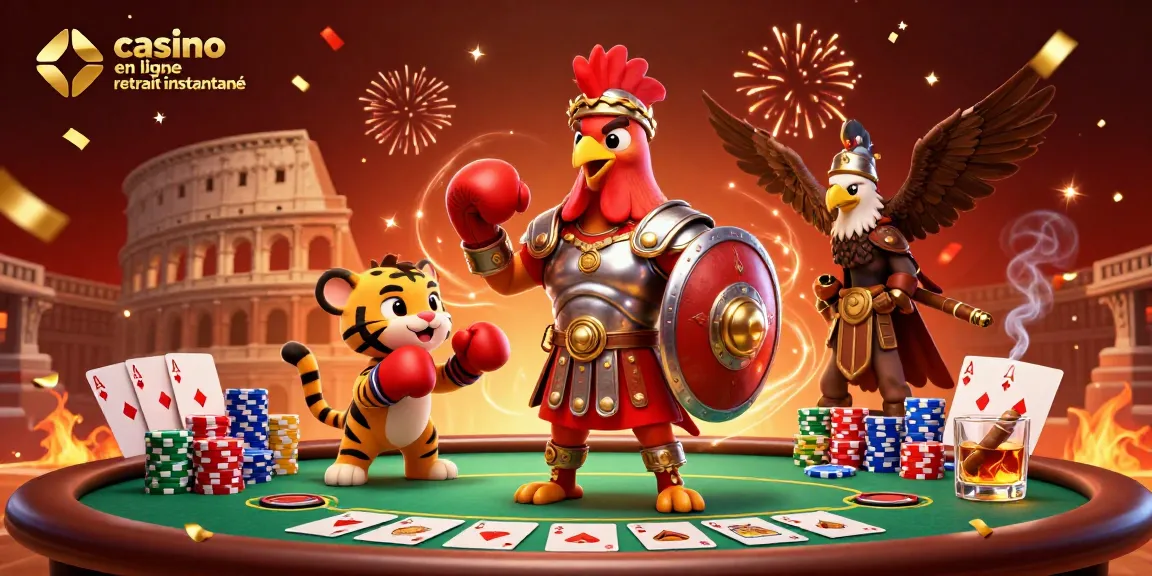Illustration de casino en ligne retrait instantané avec un coq gladiateur et une ambiance festive.