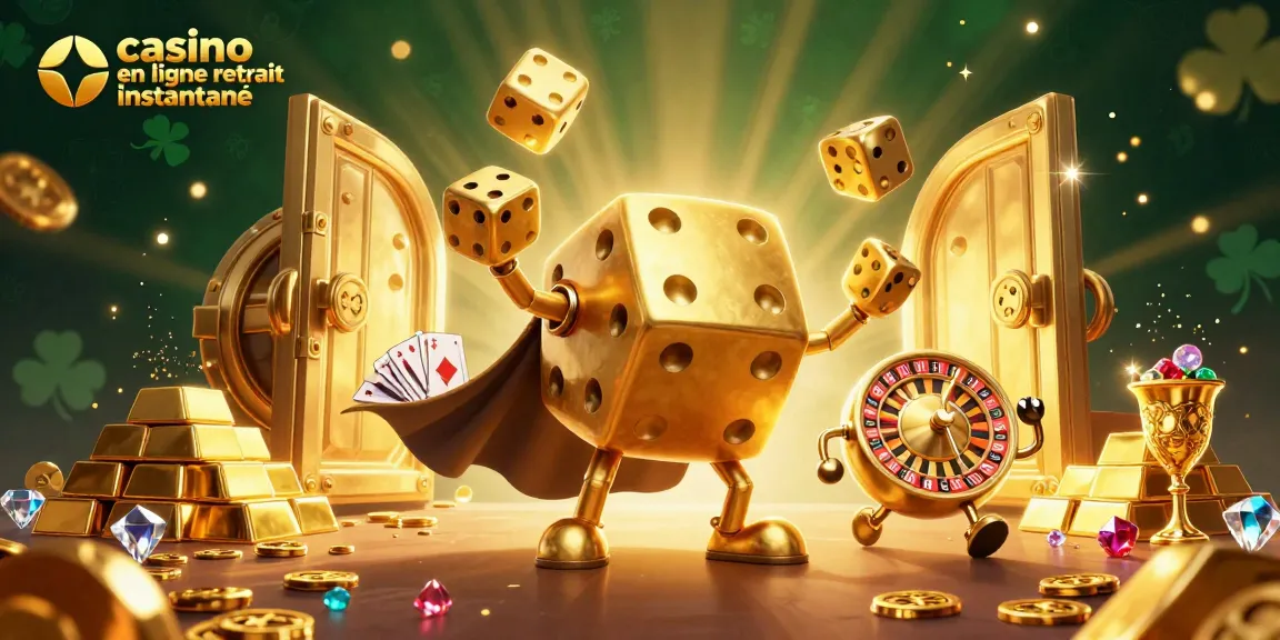 Illustration captivante de casino en ligne retrait instantané, avec un golem de dés et des éléments de jeu riches.