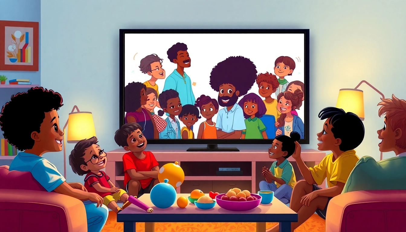 A group of children excitedly watching African American cartoons on TV in a cozy living room.