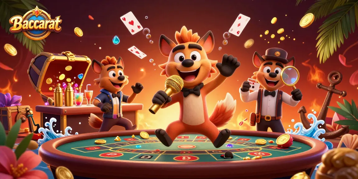 Baccarat gameplay scene illustration featuring cartoon hyenas as characters in a vibrant casino setting.