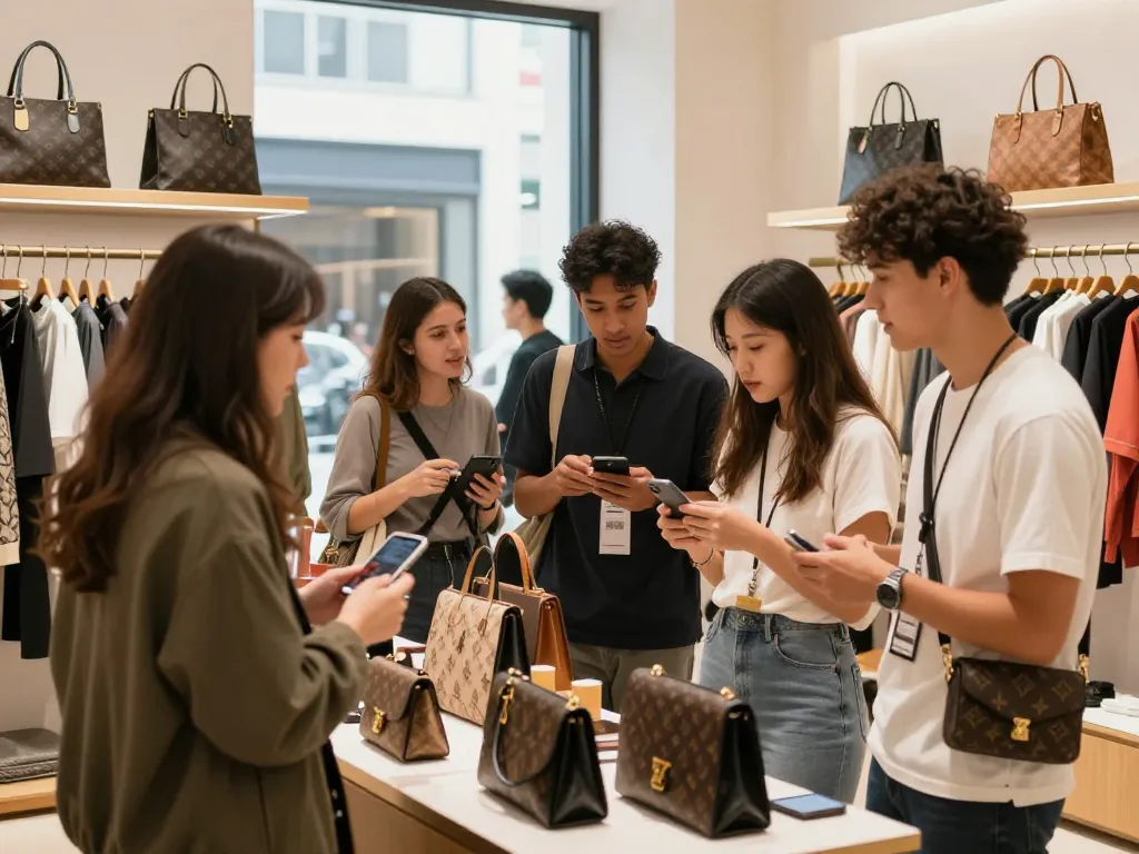Shoppers exploring stylish replica products at shs-dome5.com in a vibrant retail setting.