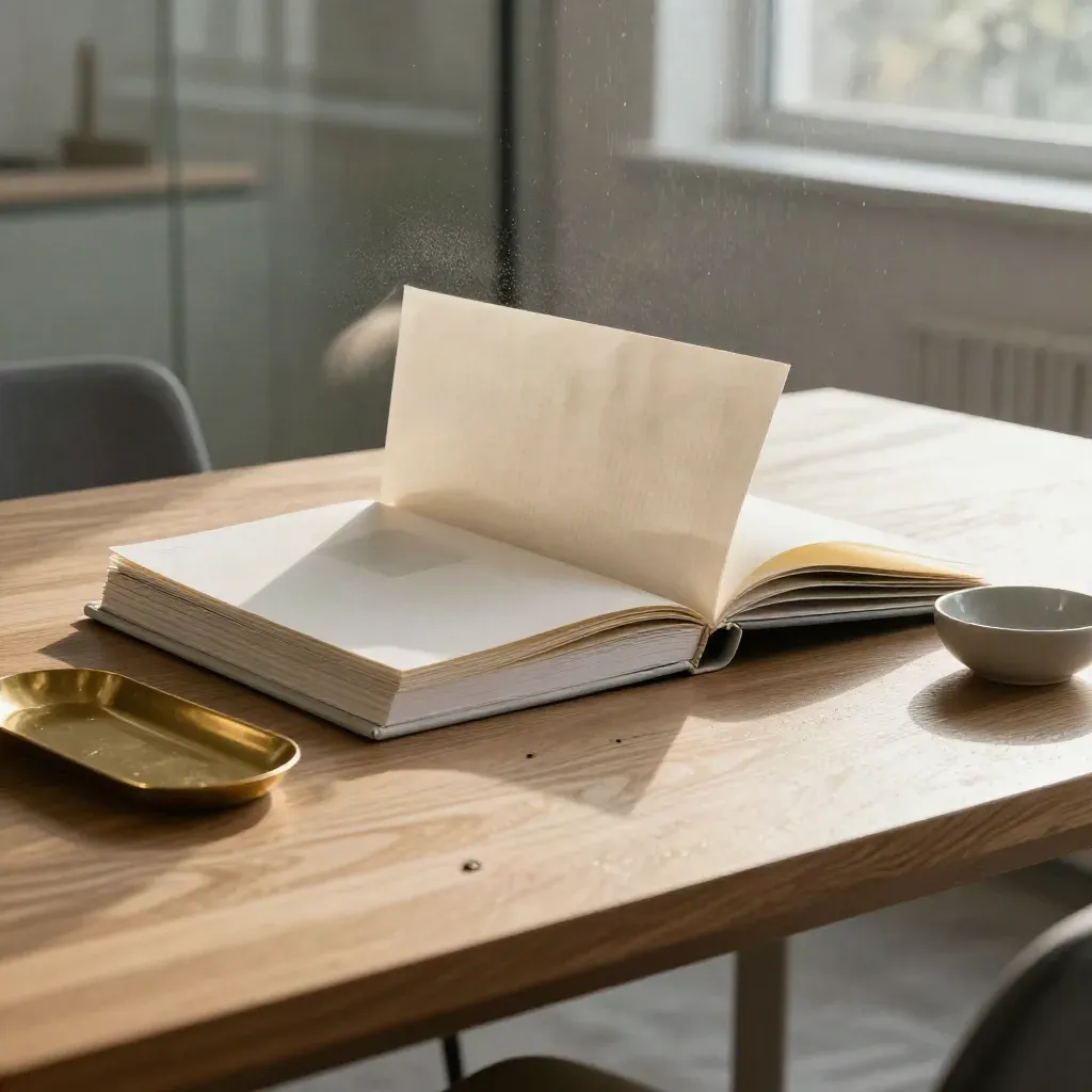Open binder with folders, brass tray and ceramic bowl on pale oak table in dramatic post-rain light.