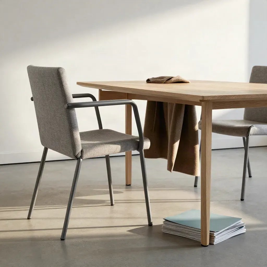 Floor-level interview room with three chairs, folder stack, and draped coat in soft daylight.