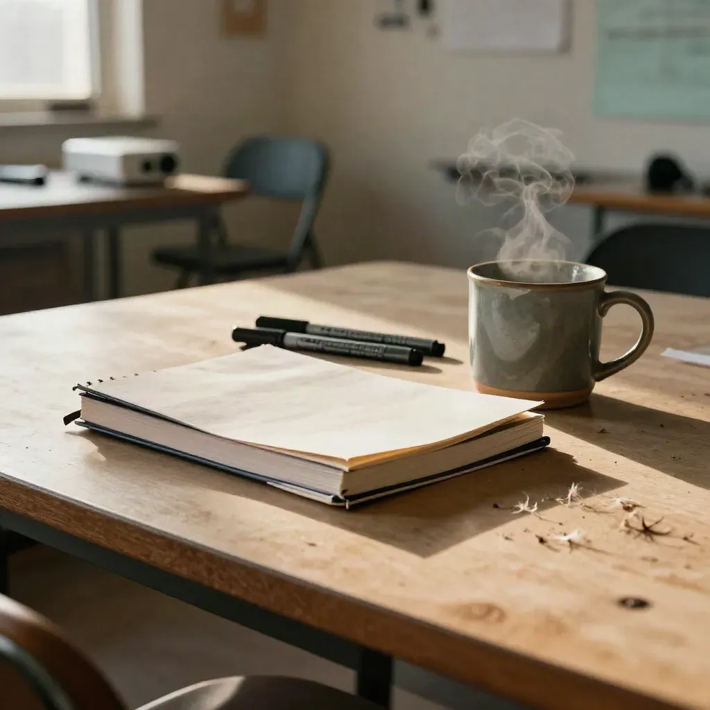 Notebook stack, markers, and mug on a workshop break table with projector glow in soft afternoon light.
