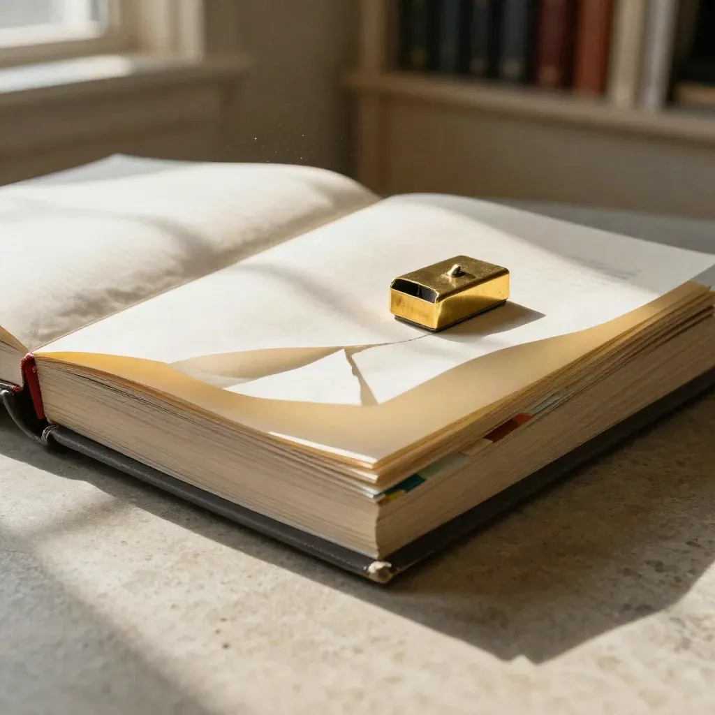Open policy binder with brass paperweight on stone desk, pages lifting in window light