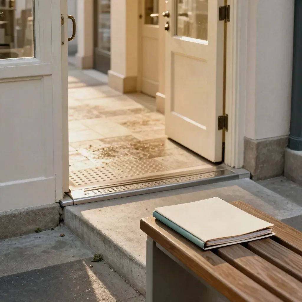 Sunlit corridor with ramp edge, door lever, tactile tile, and a folded accessibility folder on a bench.