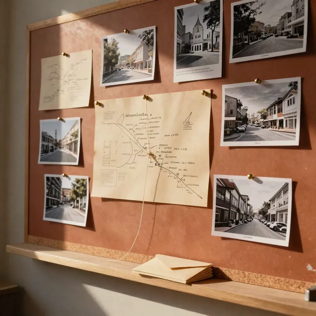 Community-center planning wall with photos, pins, string lines, and envelopes in warm dust light.