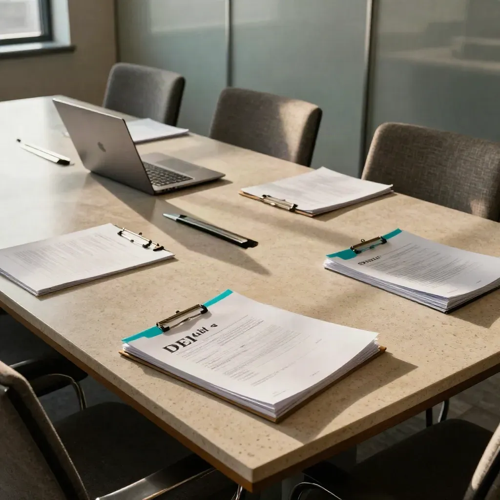 Travertine conference table with DEI audit folders, angled laptop, and blank chairs in soft morning light