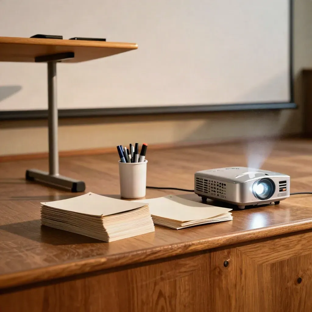 Low-angle lectern with slide cards, marker cup and projector haze on a small stage.