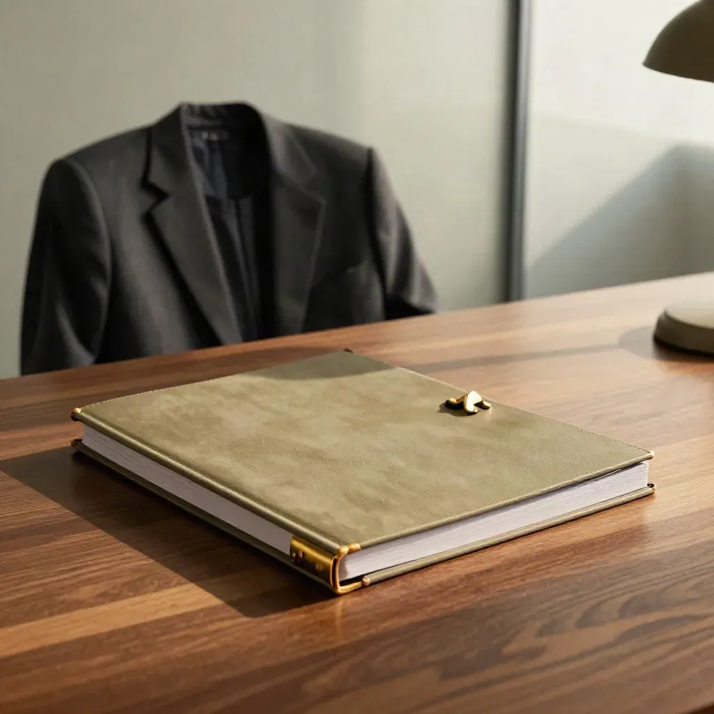 Closed hiring playbook binder beside a blazer on a desk in a quiet after-hours office