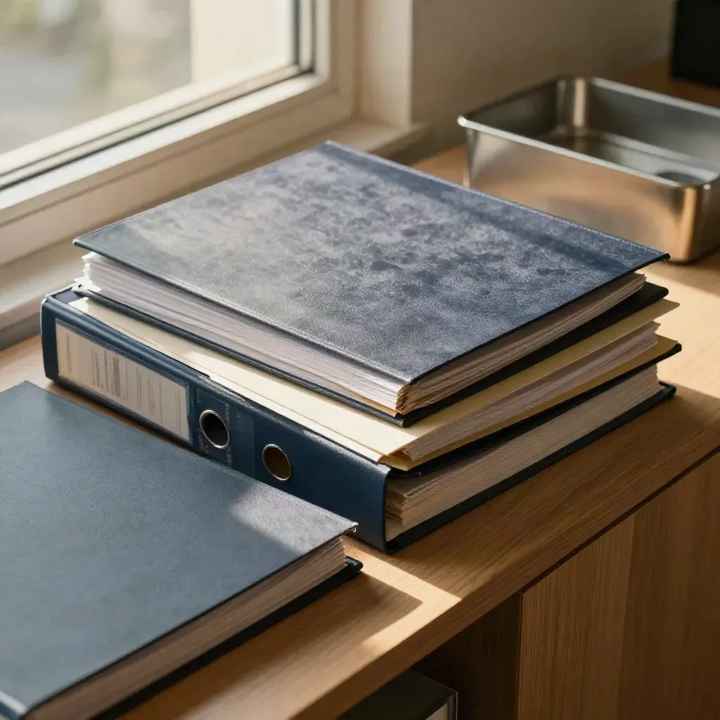 Top-down view of tabbed binders and a metal paper tray in soft afternoon window light.