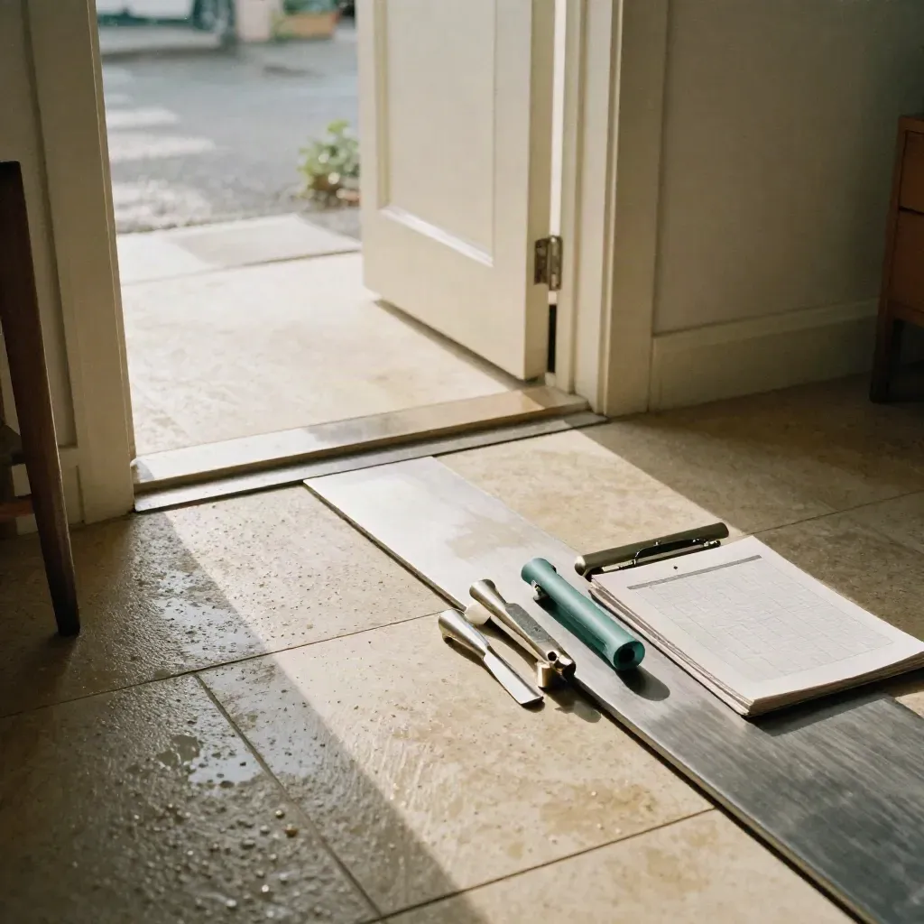 Accessible doorway with cream tile, ramp edge and hardware samples after rain.