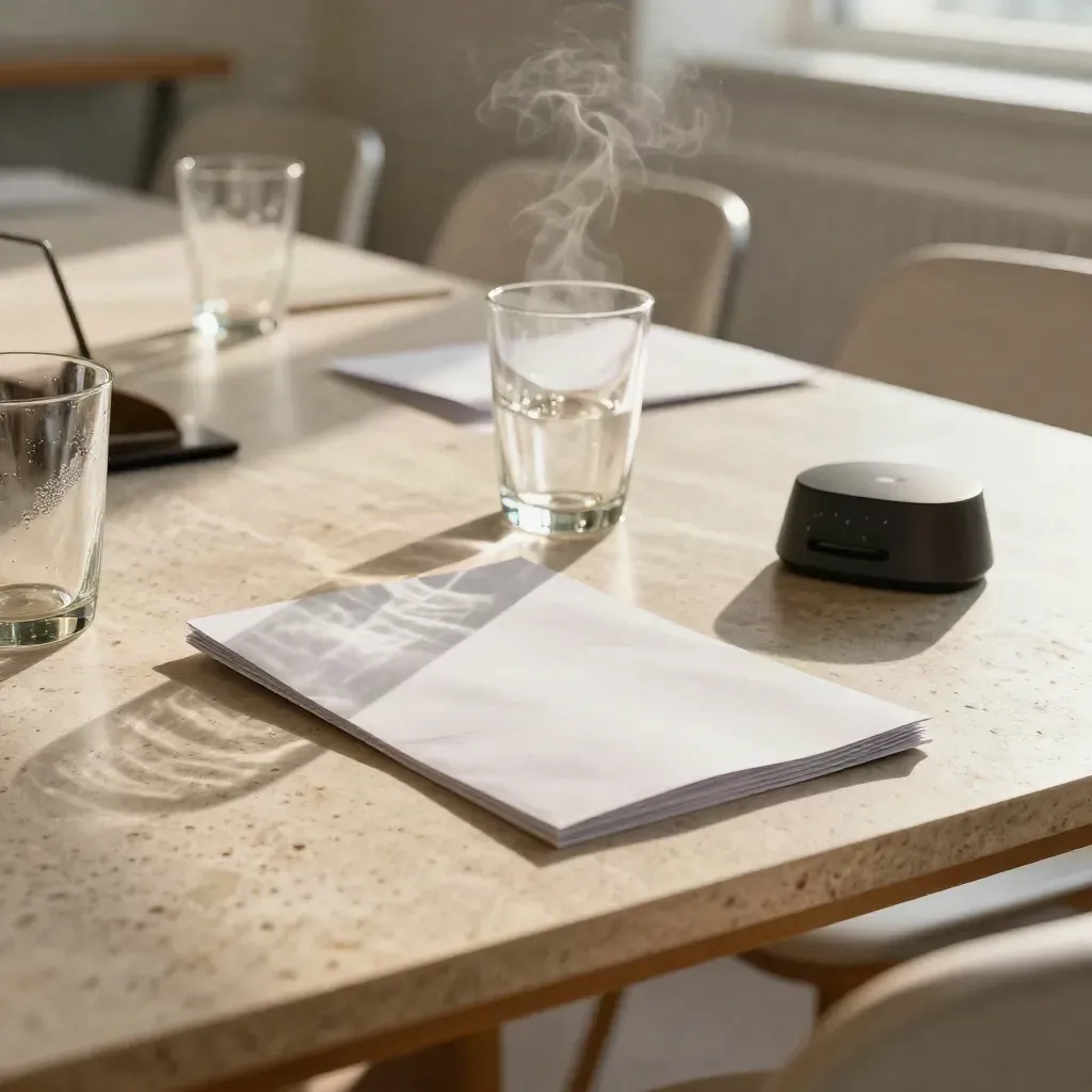 Run-sheet packet, water glasses, timer, and stacked chairs on a cleared meeting table.