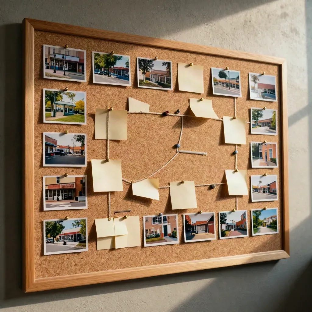 Cork outreach wall with pinned neighborhood photos and string lines mapping a community route.