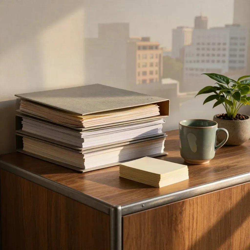 Sideboard with binders, folded notes, ceramic cup, and small plant in warm evening light.