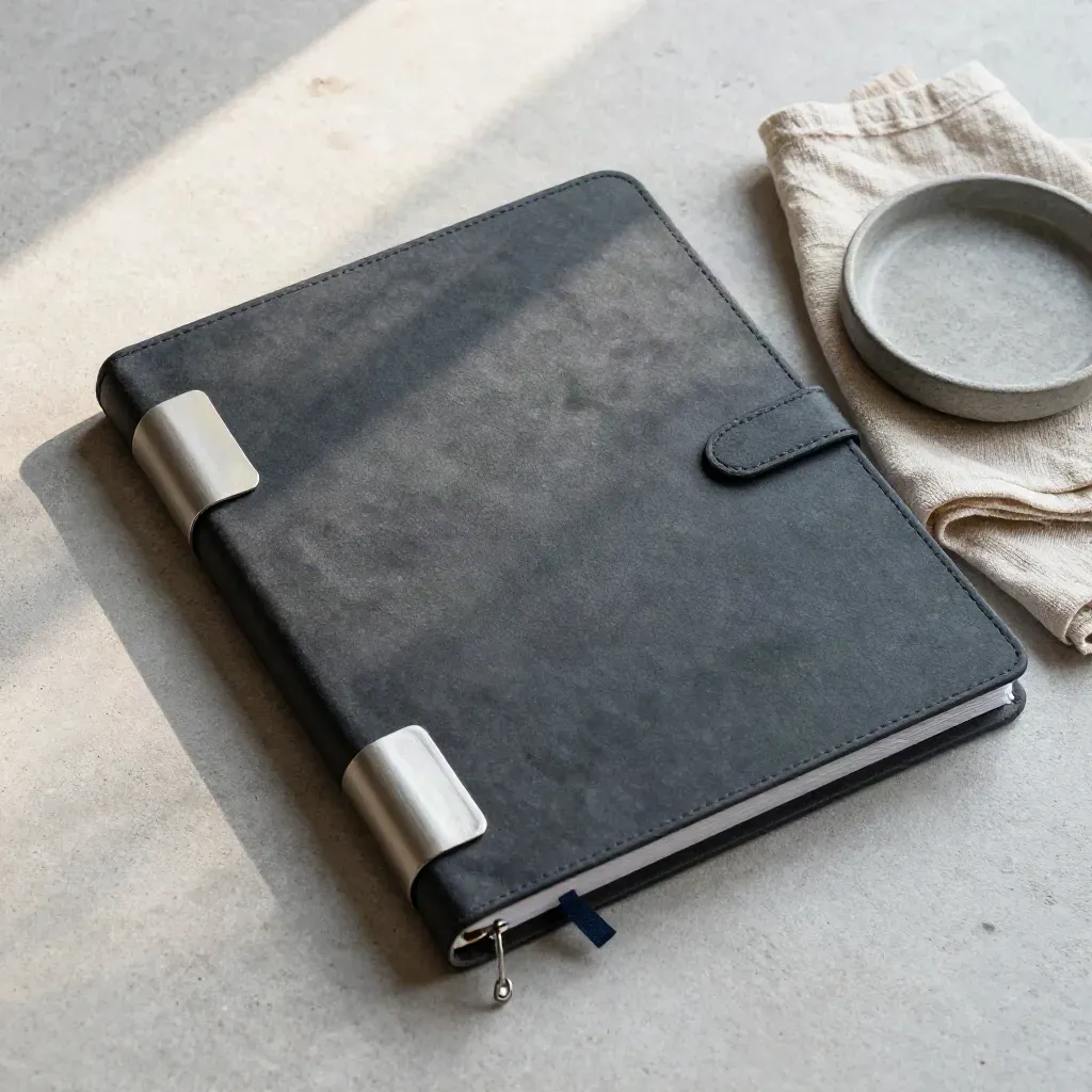 Overhead hiring binder with tabs, linen cloth and ceramic dish on pale concrete.